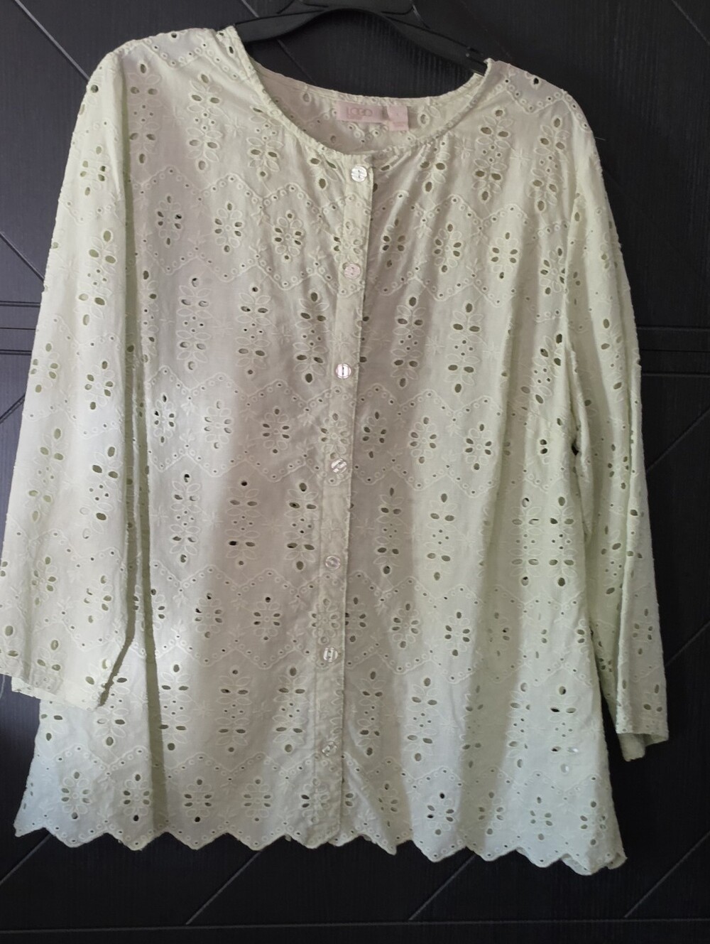 #105 LOGO Lavish by Lori Goldstein L Eyelet Embroidered Blouse